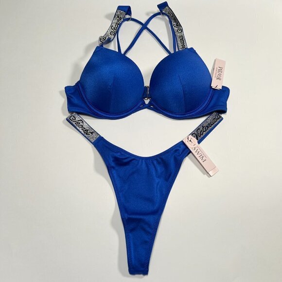 Victoria Secret 34A S Bombshell Push Up Bikini Top Set Thong LOGO Shine Strap - Picture 2 of 10
